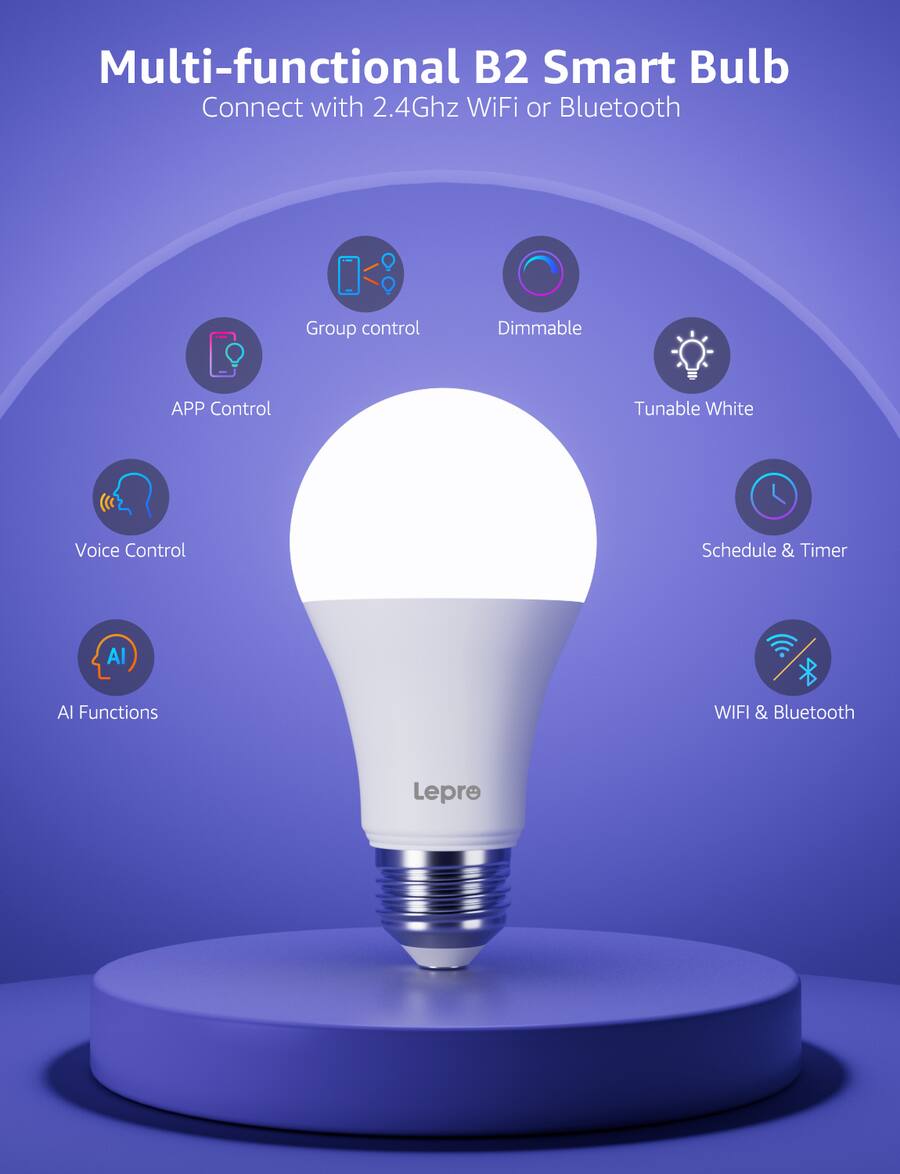 Color Code B2 Lan Lepro B2 AI Smart LED Light Bulbs, 10W 1100LM RGBWW Color Changing, 4 ...