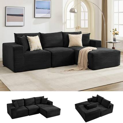 Front. Jojoka - 108" Modular L-Shaped Cloud Couch, Reversible Chaise Sectional Sofa with Deep Seats & Corduroy Upholstery - Black.