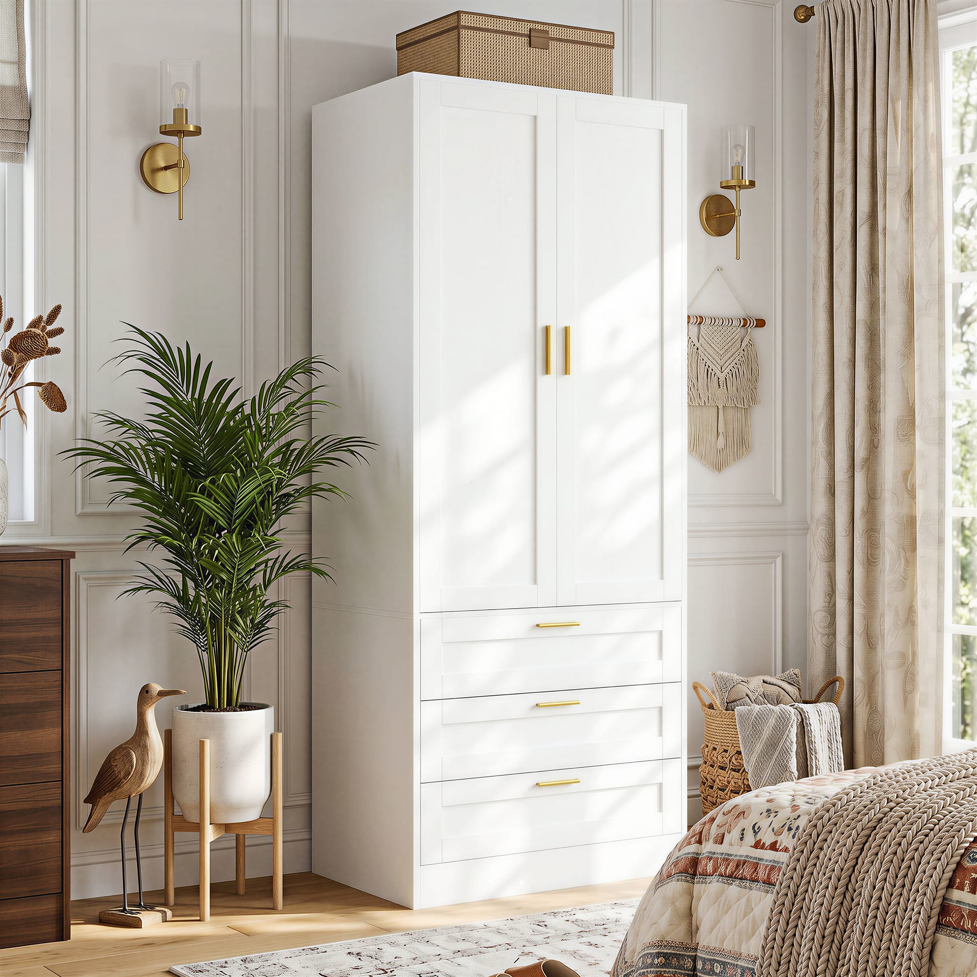 Aheaplus - 71" Tall Armoire Wardrobe with 3 Drawers, Doors, Hanging Rod, 20" Deep Storage with Soft-Close Hinges & Metal Handles - White