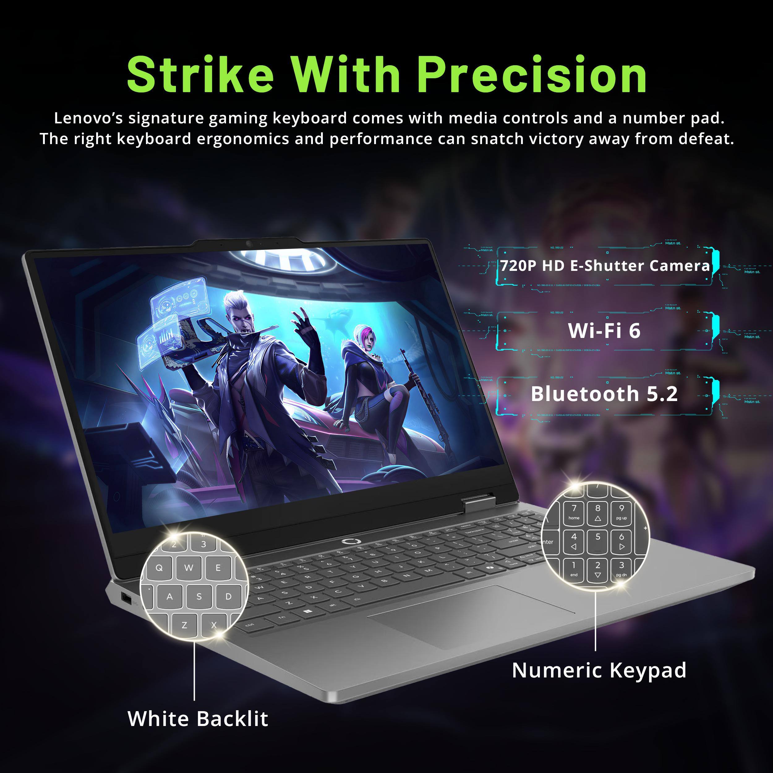 Strike With Precision  
Lenovo's signature gaming keyboard comes with media controls and a number pad. The right keyboard ergonomics and performance can snatch victory away from defeat.

720P HD E-Shutter Camera  
Wi-Fi 6  
Bluetooth 5.2

Numeric Keypad  
White Backlit