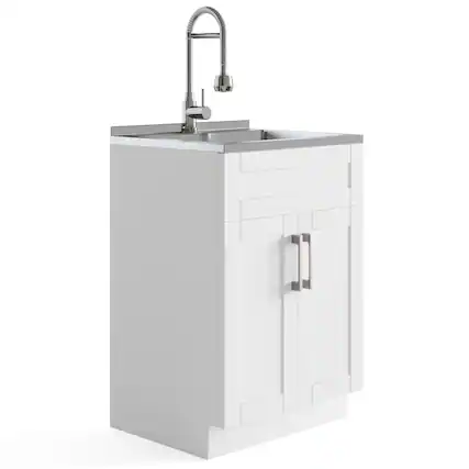Front. Simpli Home - Hennessy All-in-One 24-inch Utility Sink & Cabinet - Pure White.