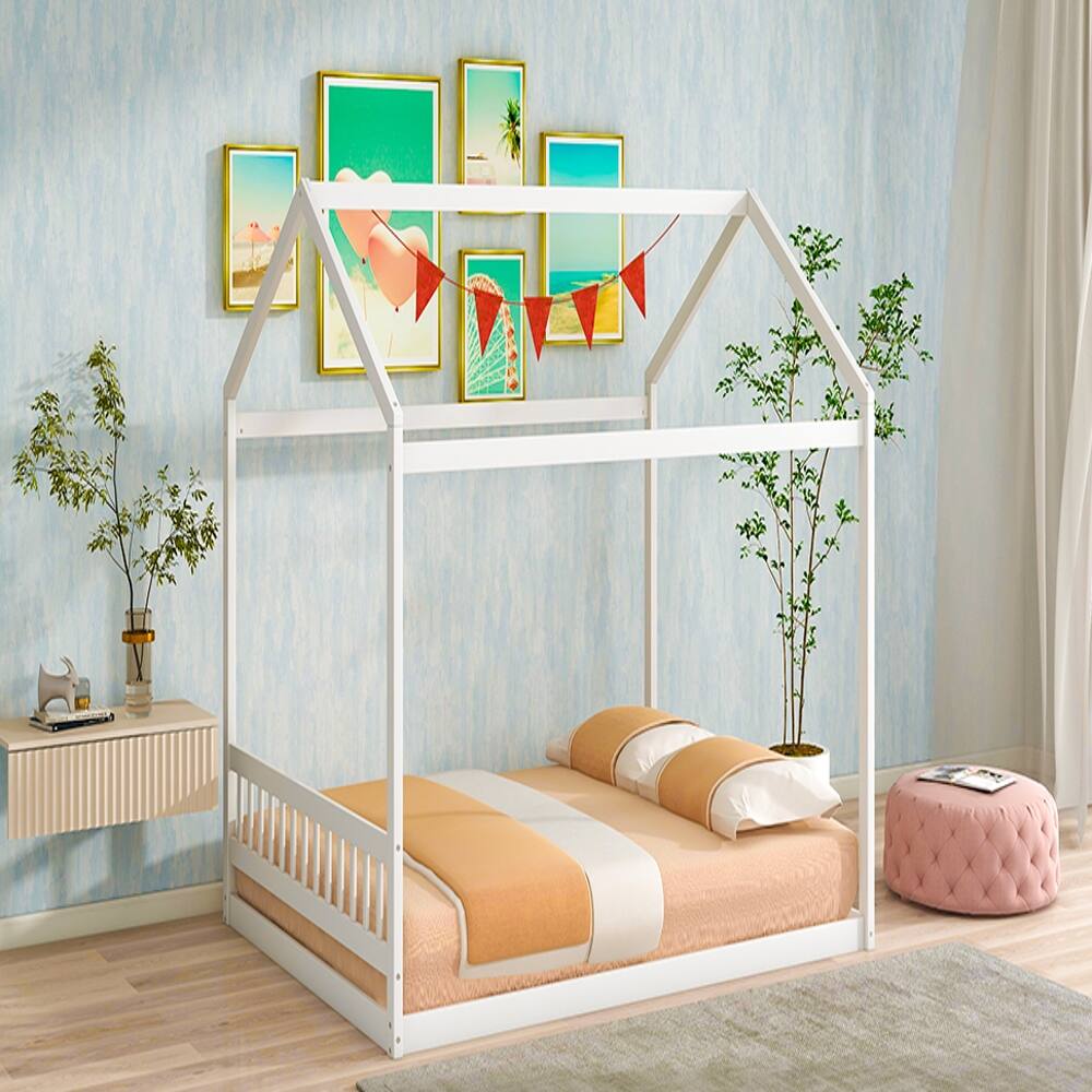 Left. Loheer - Loheer Queen House Bed White Floor Bed Kids Wooden Bed Frame - White.