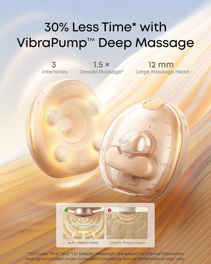 30% Less Time* with TM VibraPump Deep Massage  
3 Intensities  
1.5 x Deeper Massage*  
12 mm Large Massage Head  
HeatFlow  
eufy: Metal Head  
Others: Plastic Head  

*"30% Less Time" and "1.5x Deeper Massage" are based on internal laboratory testing conducted under controlled conditions. Actual Performance may vary.