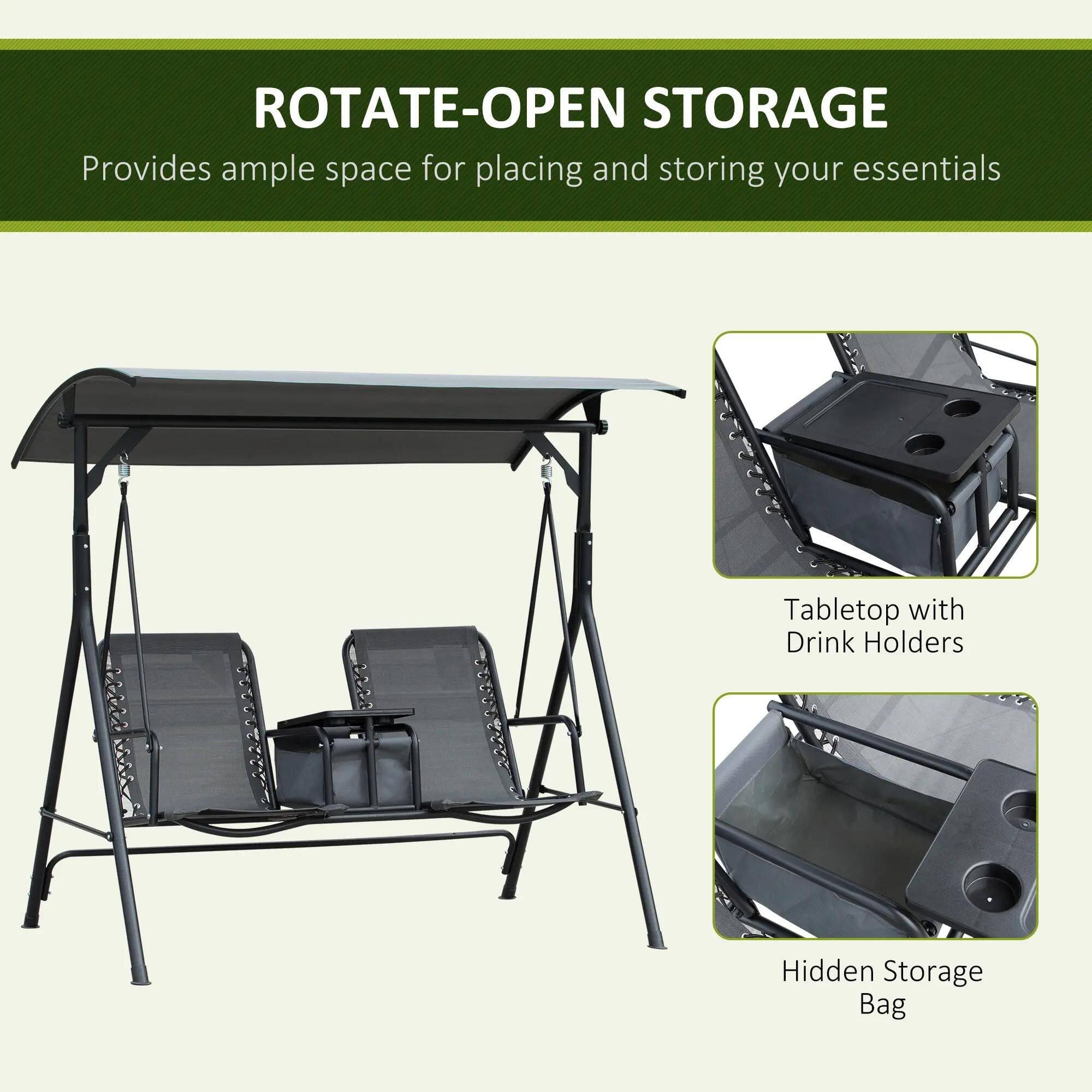 ROTATE-OPEN STORAGE
Provides ample space for placing and storing your essentials

Tabletop with Drink Holders
Hidden Storage Bag