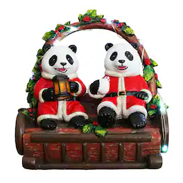 OrnamentallyYou - Nostalgic Panda Duo Festive Lighted Figurine, 6" LED Christmas Bear Statue - Red