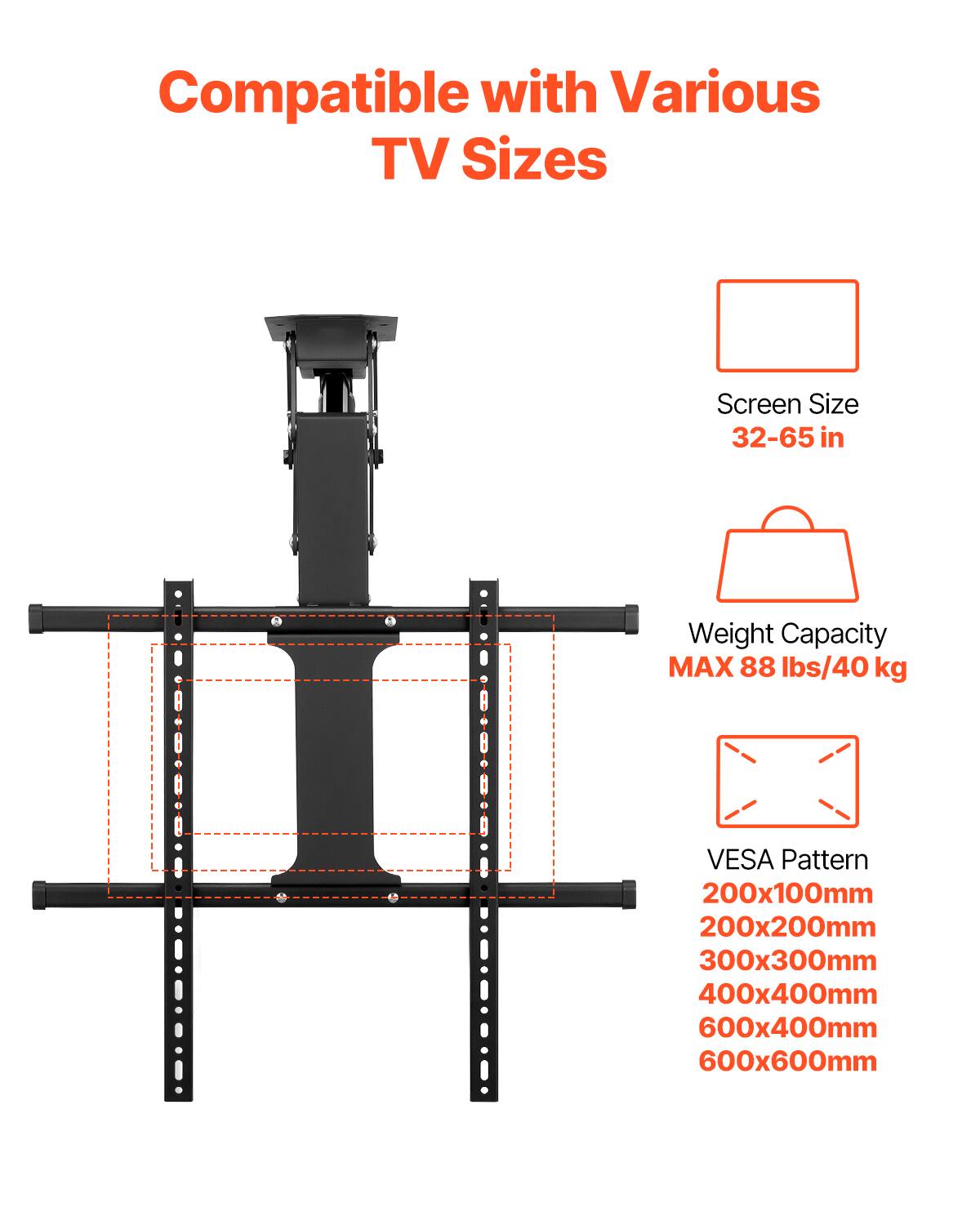 Compatible with Various TV Sizes

Screen Size: 32-65 in

Weight Capacity: MAX 88 lbs/40 kg

VESA Pattern: 200x100mm, 200x200mm, 300x300mm, 400x400mm, 600x400mm, 600x600mm