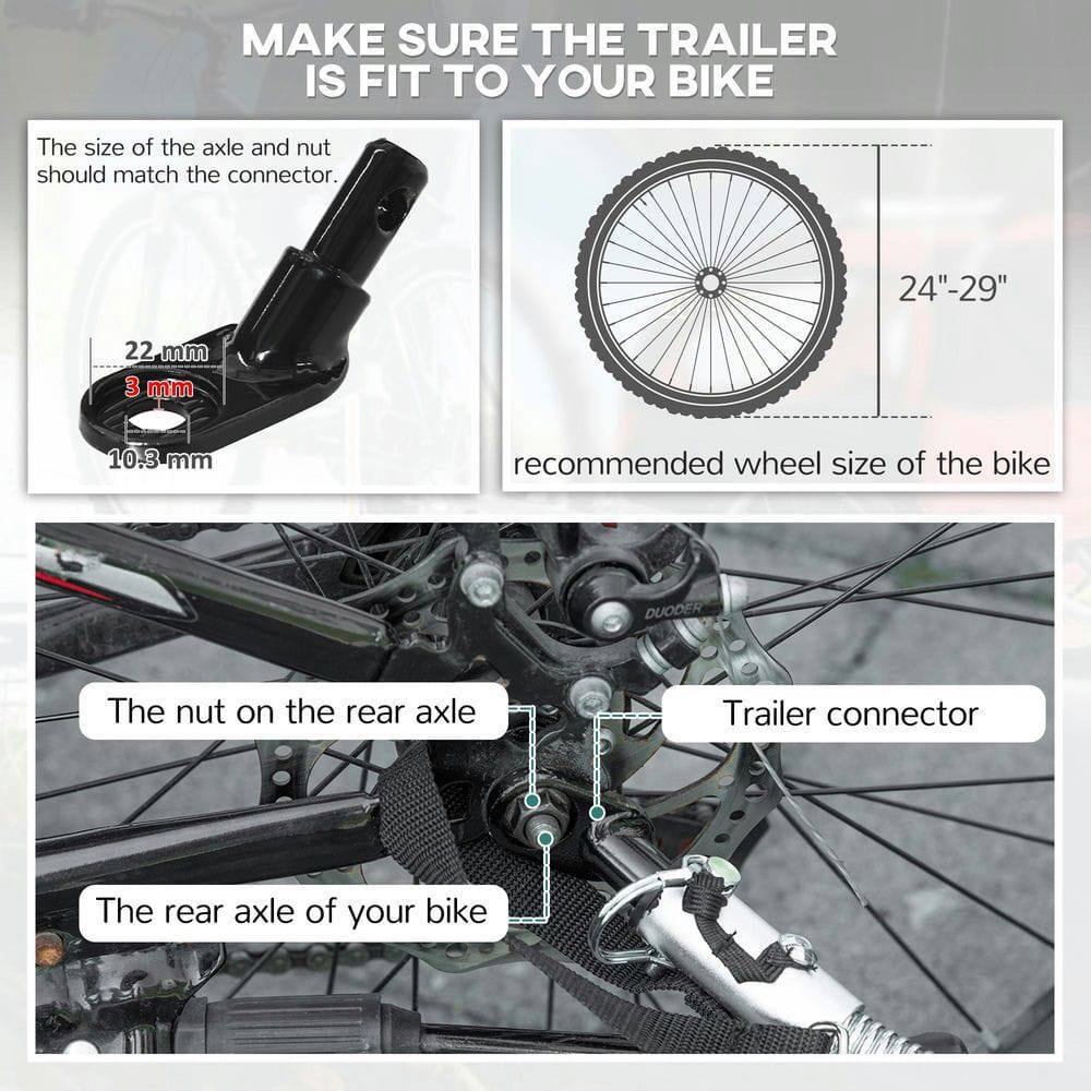 MAKE SURE THE TRAILER IS FIT TO YOUR BIKE

The size of the axle and nut should match the connector.

- 22 mm
- 3 mm
- 10.3 mm

recommended wheel size of the bike

24"-29"

The nut on the rear axle

The rear axle of your bike

Trailer connector