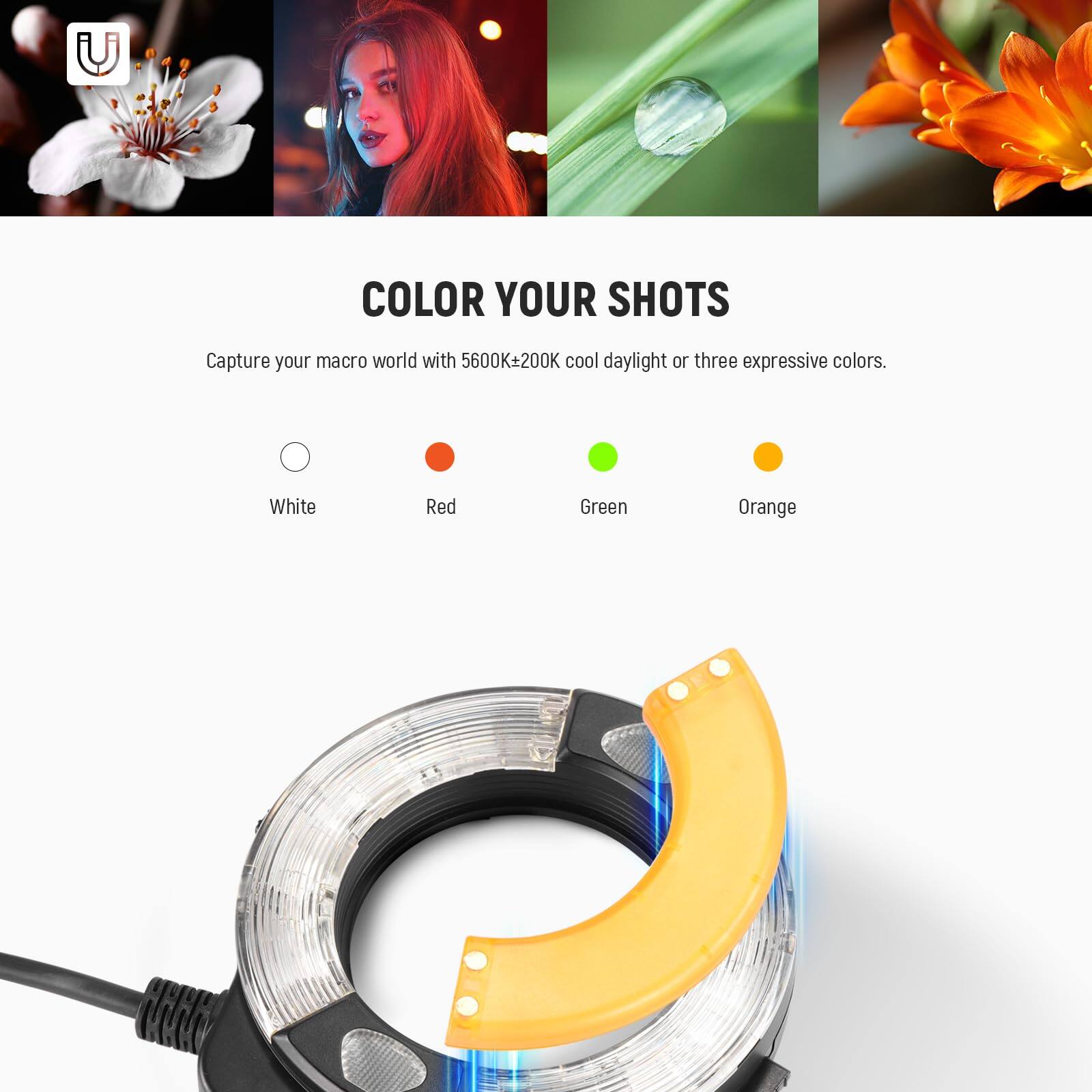 COLOR YOUR SHOTS  
Capture your macro world with 5600K+200K cool daylight or three expressive colors.  
White Red Green Orange
