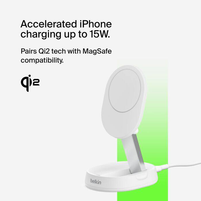 Accelerated iPhone charging up to 15W.  
Pairs Qi2 tech with MagSafe compatibility.  
sip  
belkin