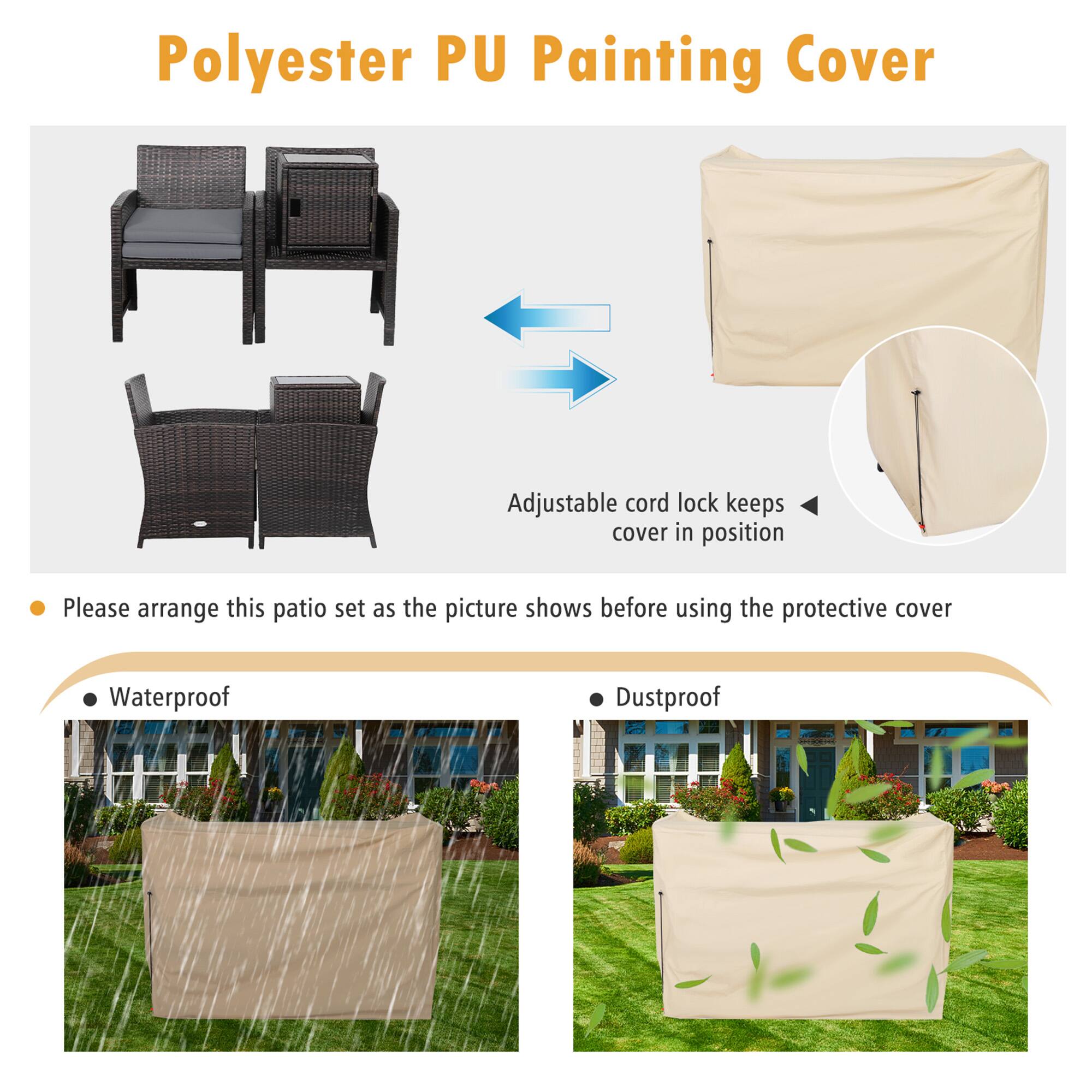 Polyester PU Painting Cover

Adjustable cord lock keeps cover in position

Please arrange this patio set as the picture shows before using the protective cover

Waterproof

Dustproof