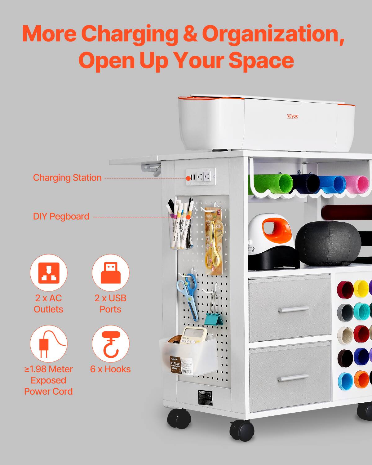 More Charging & Organization, Open Up Your Space

Charging Station
- 2 x AC Outlets
- 2 x USB Ports
- ≥1.98 Meter Exposed Power Cord

DIY Pegboard
- 6 x Hooks