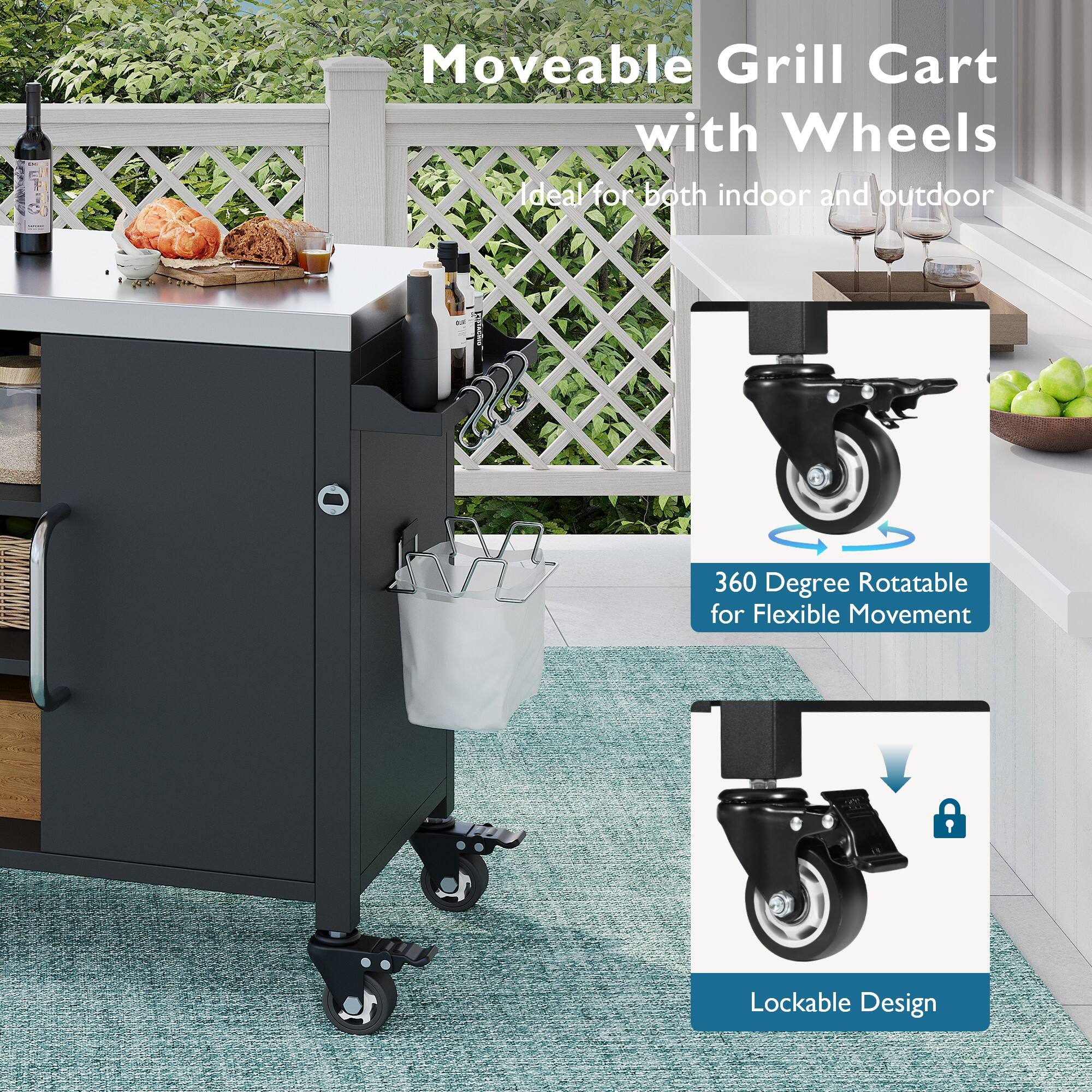 Moveable Grill Cart with Wheels  
Ideal for both indoor and outdoor  

360 Degree Rotatable for Flexible Movement  

Lockable Design