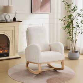 Loheer - Sherpa Rocking Chair High Back Nursery Glider Accent Armchair with Side Pocket and Rubber Wood Legs - Ivory