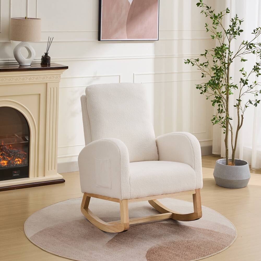 Front. Loheer - Loheer Ivory Sherpa Rocking Chair High Back Nursery Glider Accent Armchair with Side Pocket and Rubber Wood Legs - Ivory.