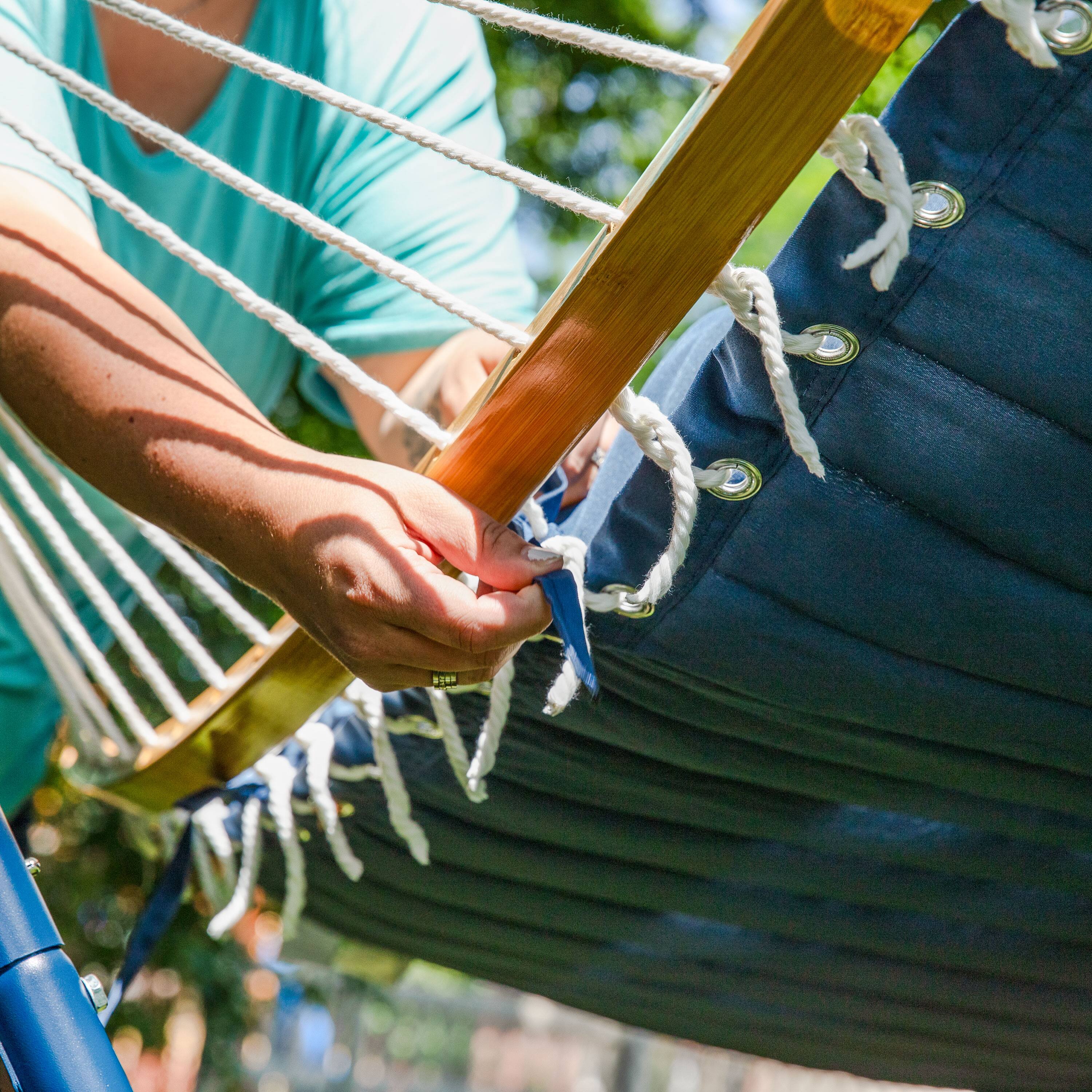 Alt View 5. Sunnydaze - Quilted Hammock with Curved Spreader Bar - Navy & Gray.