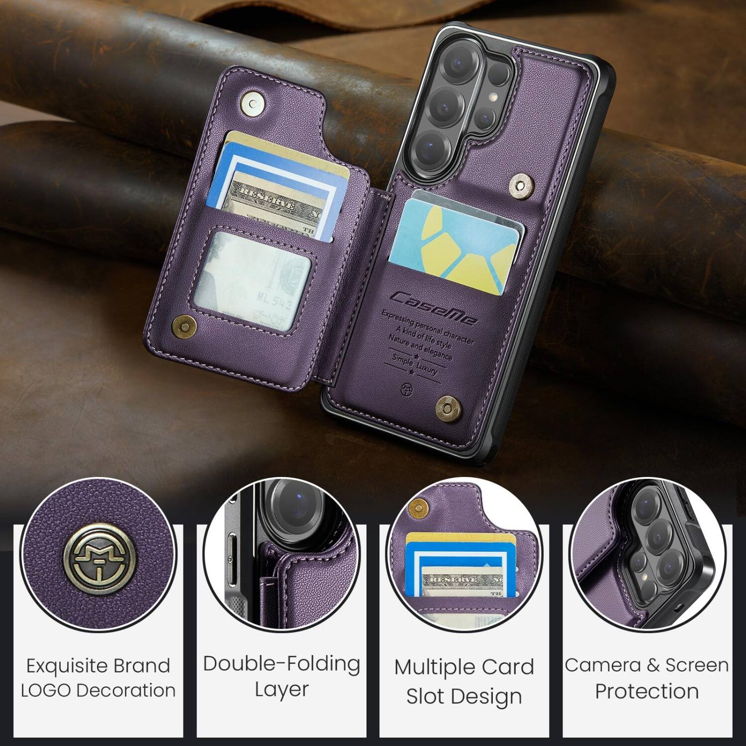 RESERVE  
ML543  
Expressing a kind personal character of Nature and life style  
Simple elegance Luxury  

RESERVE  
Exquisite Brand Double-Folding Multiple Card Camera & Screen LOGO Decoration Layer Slot Protection Design