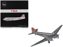 GeminiJets - Douglas DC-3 TWA NC1943 Polished Metal with Red Tail Stripes Gemini 200 1/200 Scale Commercial Airplane Model - Red, Grey