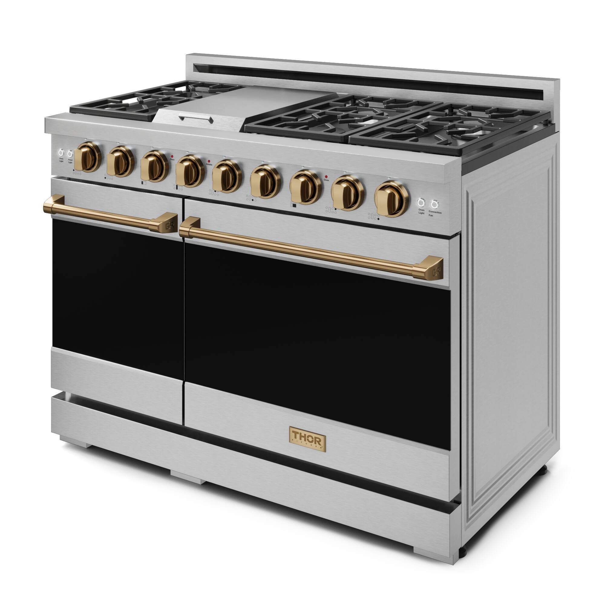 Thor is a brand of stainless steel gas stoves. The image features a close-up of a Thor stove with six burners, including a griddle burner. The stove is designed with a modern, sleek appearance and is likely to be a high-quality, durable appliance.