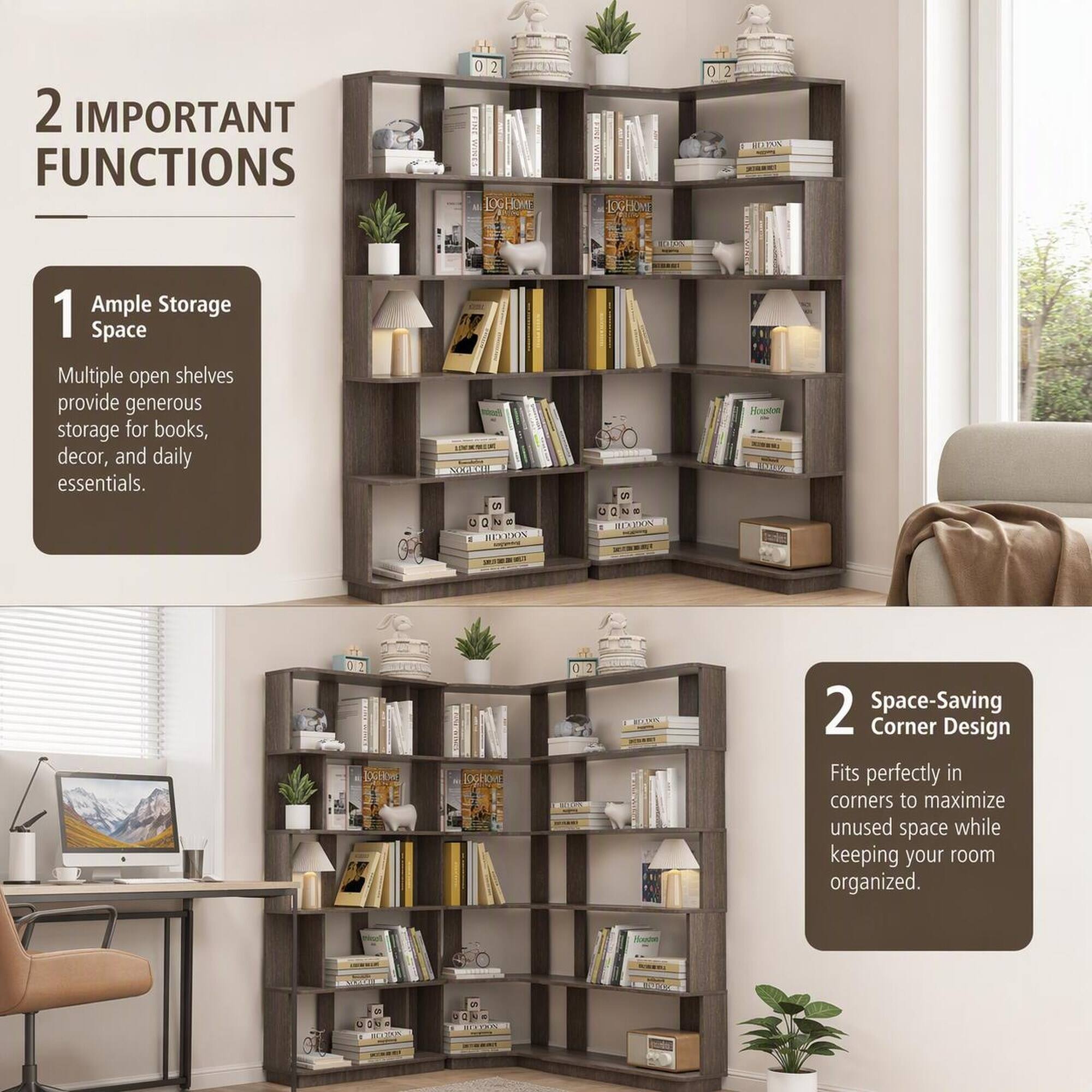 2 IMPORTANT FUNCTIONS

1 Ample Storage Space
Multiple open shelves provide generous storage for books, decor, and daily essentials.

2 Space-Saving Corner Design
Fits perfectly in corners to maximize unused space while keeping your room organized.