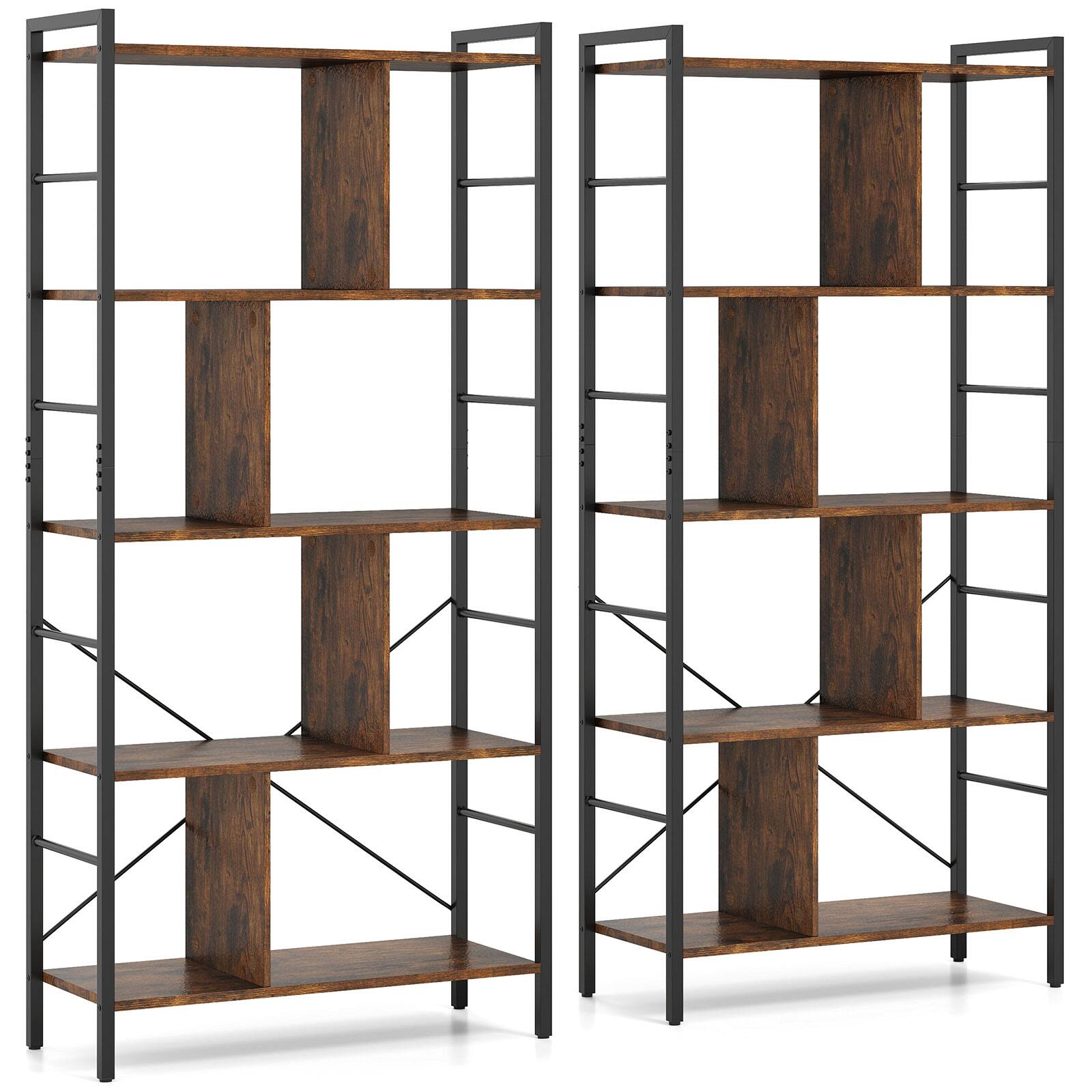Alt View 9. Gymax - Gymax 2PCS 61'' 5-Tier Bookshelf w/Metal Frame 2 Anti-Tipping Devices for Living Room - Brown.