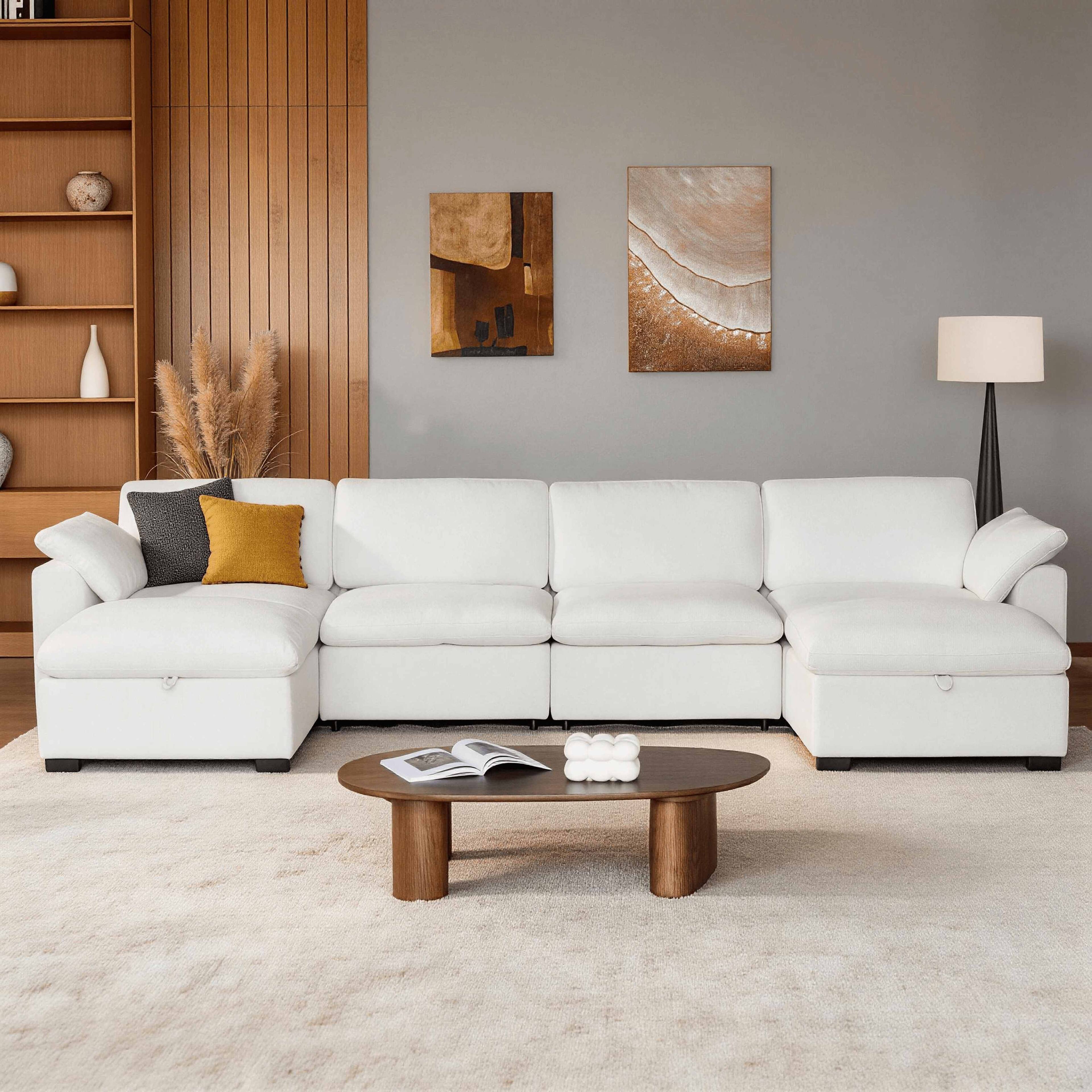 Left. Dyonery - 160" Oversized Cloud Sectional Sofa, U-Shaped Modular Couch with Storage Ottoman, Linen Fabric, Deep Seat, Beige - Beige.