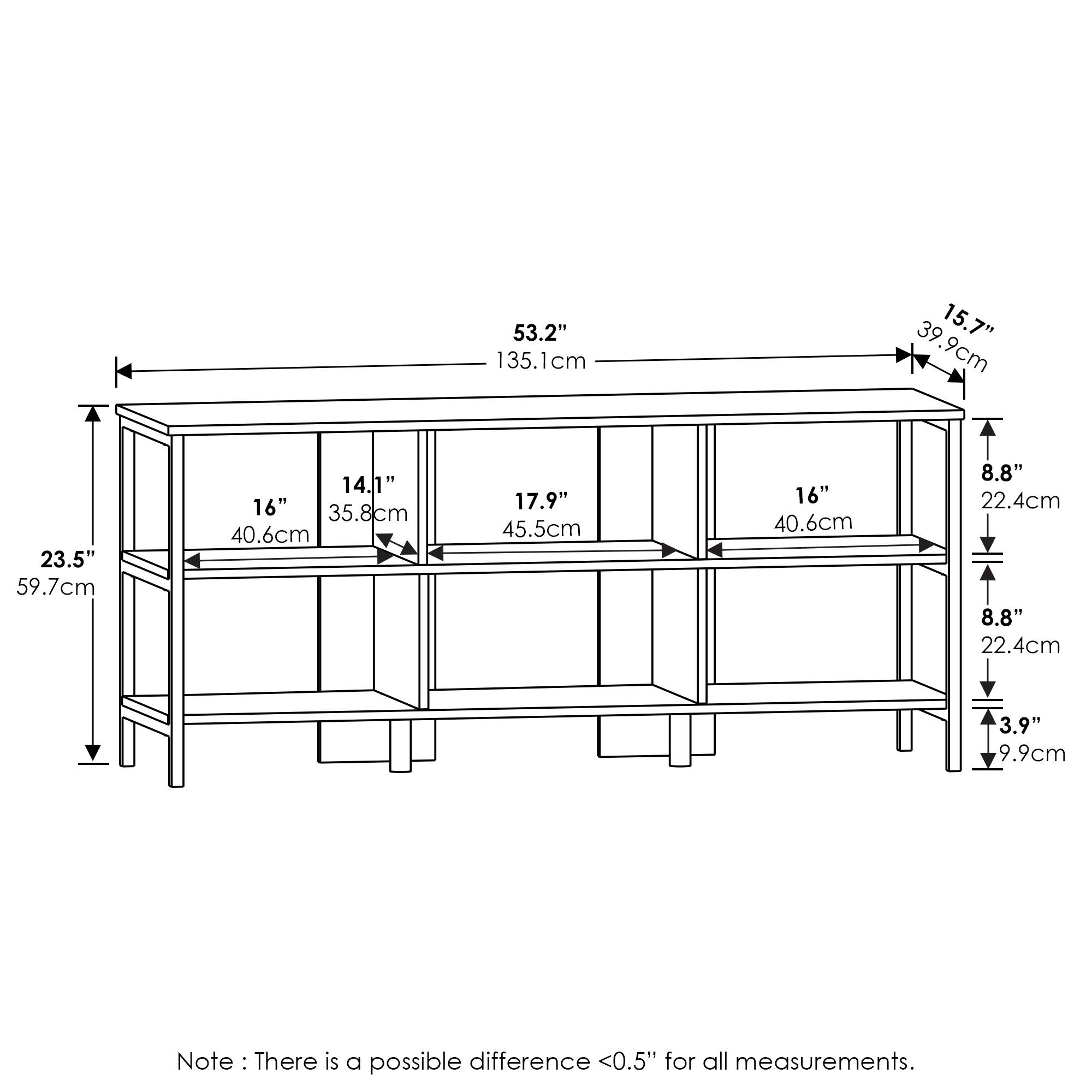 53.2" 135.1cm  
39.9" 101.3cm  
15.7" 39.9cm  
23.5" 59.7cm  
14.1" 35.8cm  
16" 40.6cm  
17.9" 45.5cm  
16" 40.6cm  
8.8" 22.4cm  
8.8" 22.4cm  
3.9" 9.9cm  

Note: There is a possible difference <0.5" for all measurements.