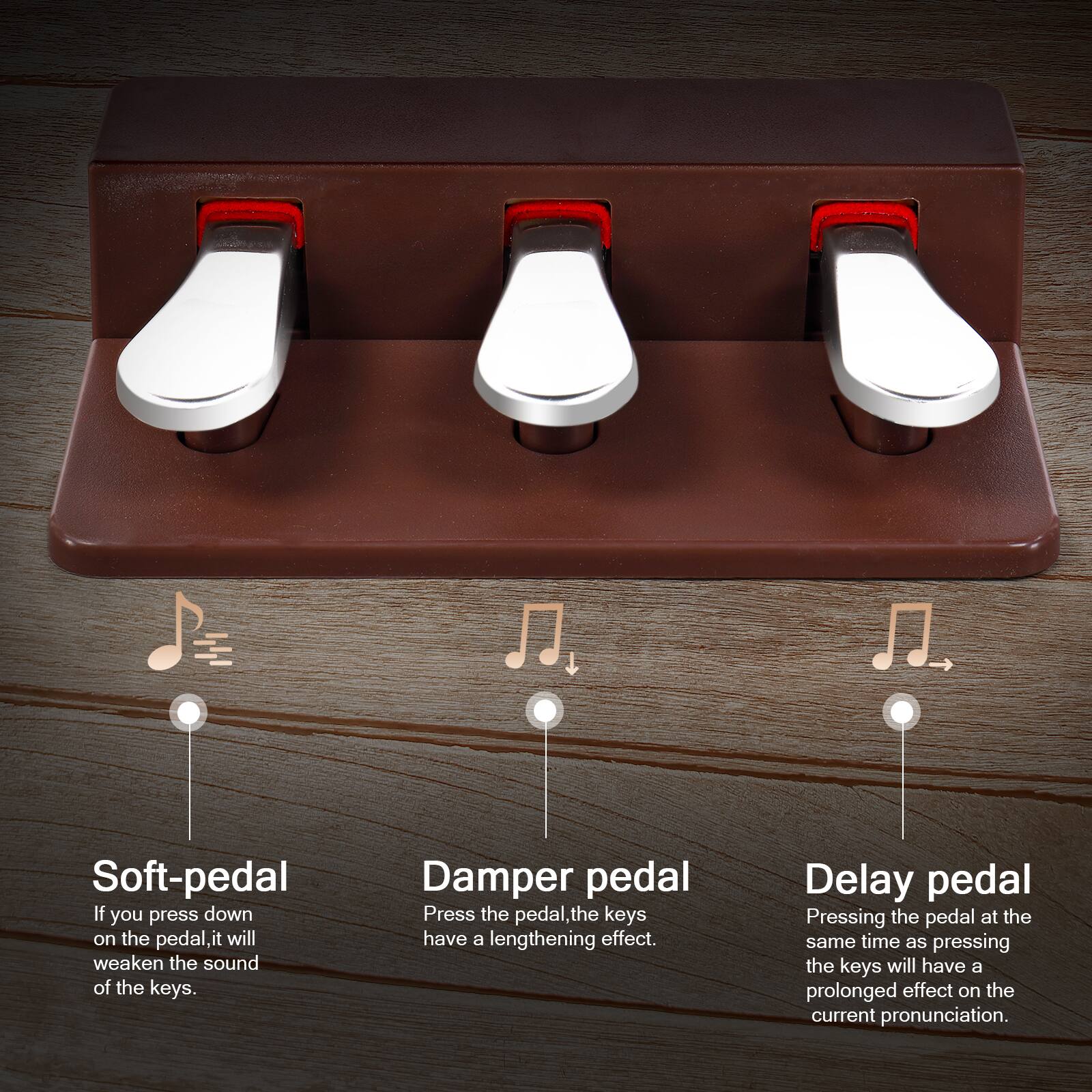 Soft-pedal  
If you press down on the pedal, it will weaken the sound of the keys.

Damper pedal  
Press the pedal, the keys have a lengthening effect.

Delay pedal  
Pressing the pedal at the same time as pressing the keys will have a prolonged effect on the current pronunciation.