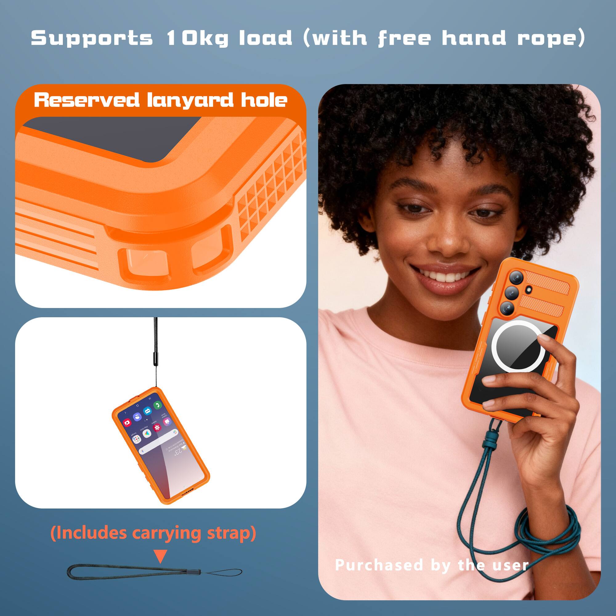 Supports 10kg load (with free hand rope)  
Reserved lanyard hole  
(Includes carrying strap)  
Purchased by the user