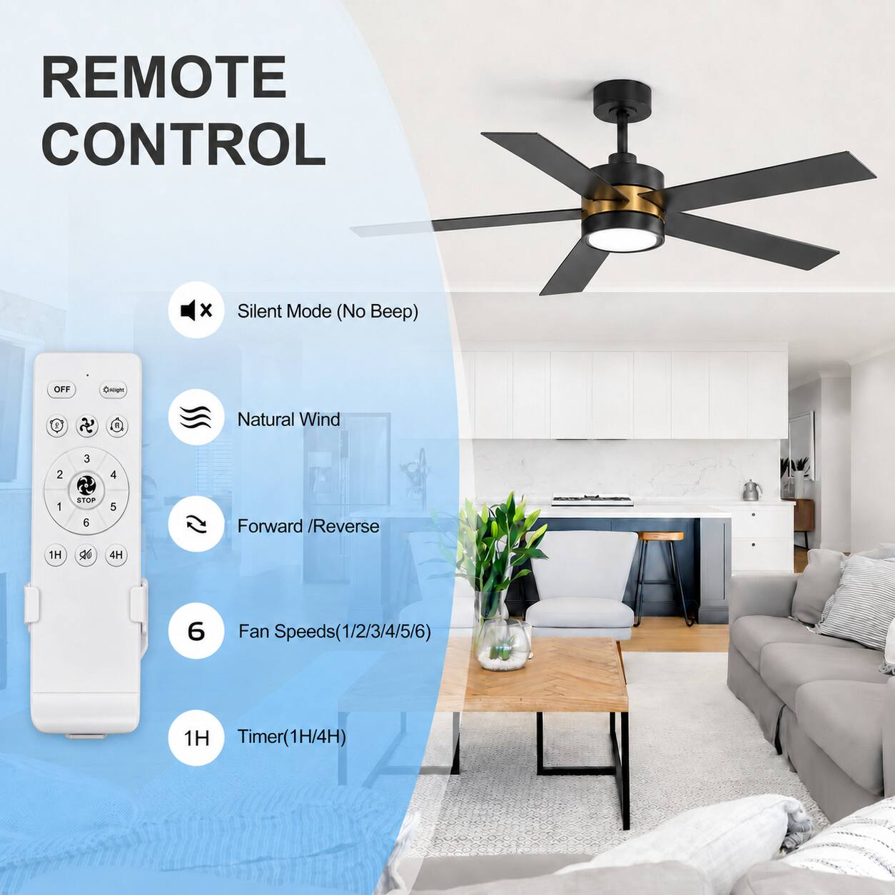 REMOTE CONTROL

- Silent Mode (No Beep)
- Natural Wind
- Forward/Reverse
- Fan Speeds (1/2/3/4/5/6)
- Timer (1H/4H)
