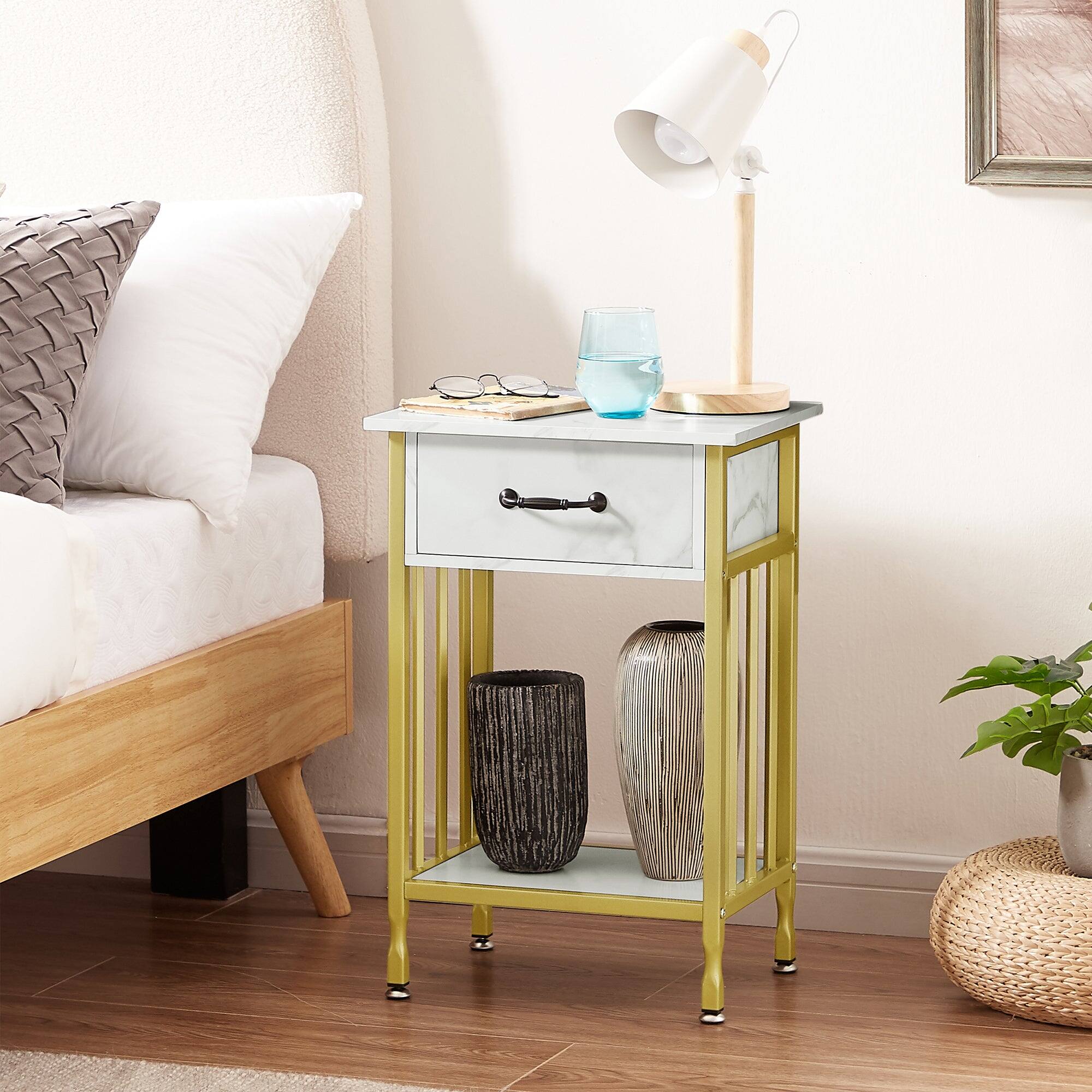 Left. Vecelo - Set of 2 Industrial Nightstand - Bedside Table with Drawer, Compact End Table with Adjustable Feet, Metal Frame - Glod.