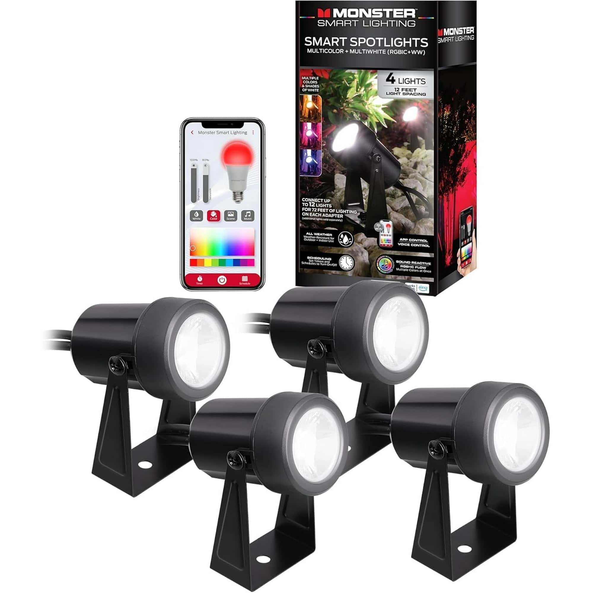 Monster - Smart Outdoor Multicolor Spotlights 4 Pack, Dimmable LEDs, Sound Reactive, IP44 Water & Weather Resistant - Black