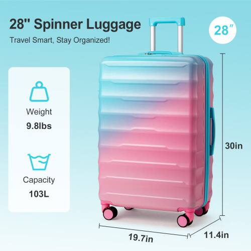 28" Spinner Luggage  
Travel Smart, Stay Organized!  

Weight: 9.8lbs  
Capacity: 103L  

Dimensions:  
- Height: 30in  
- Width: 19.7in  
- Depth: 11.4in