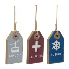 BreeBe - Wood Ski Tag Ornament (Set of 12) - Blue, Red, Grey