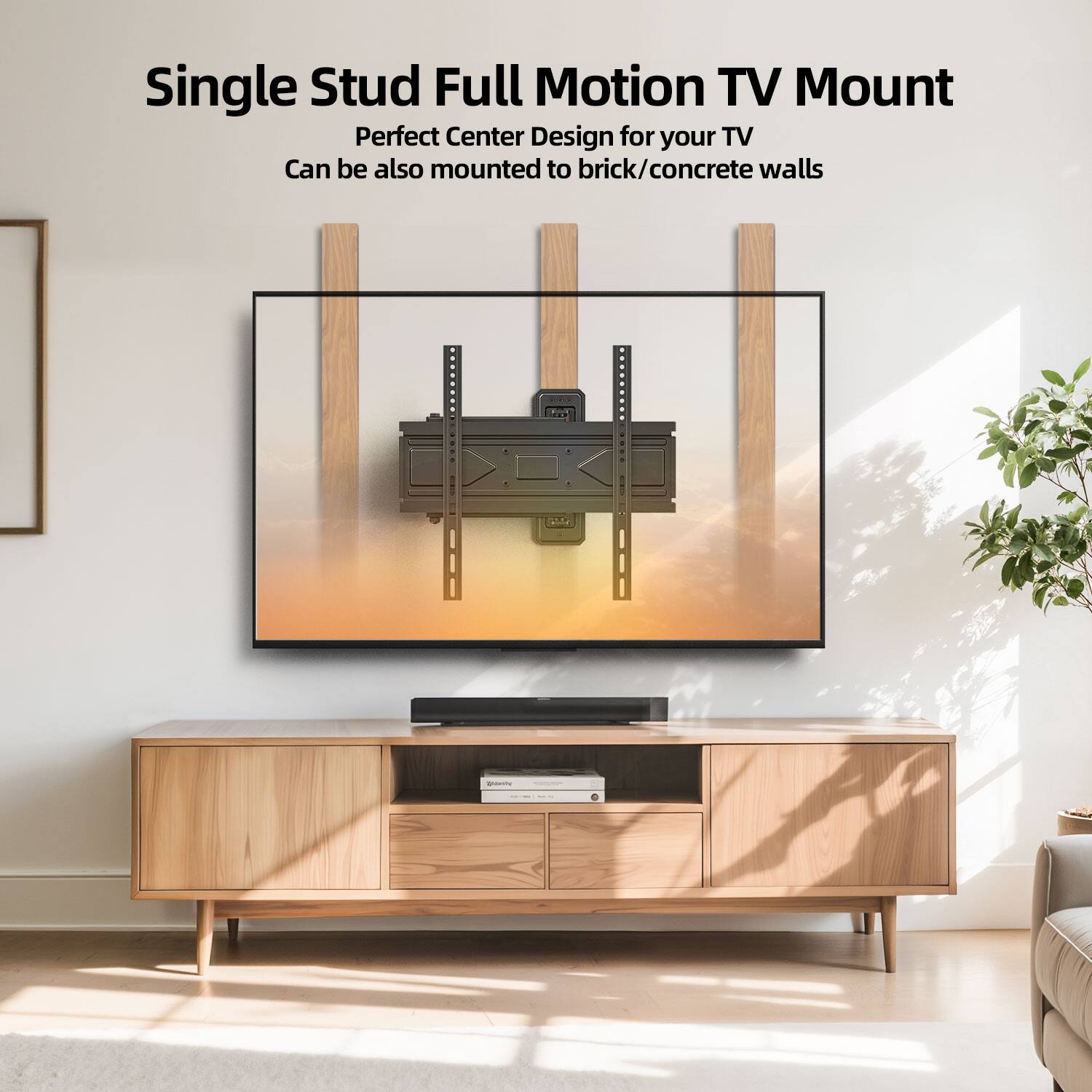 Single Stud Full Motion TV Mount
Perfect Center Design for your TV
Can be also mounted to brick/concrete walls