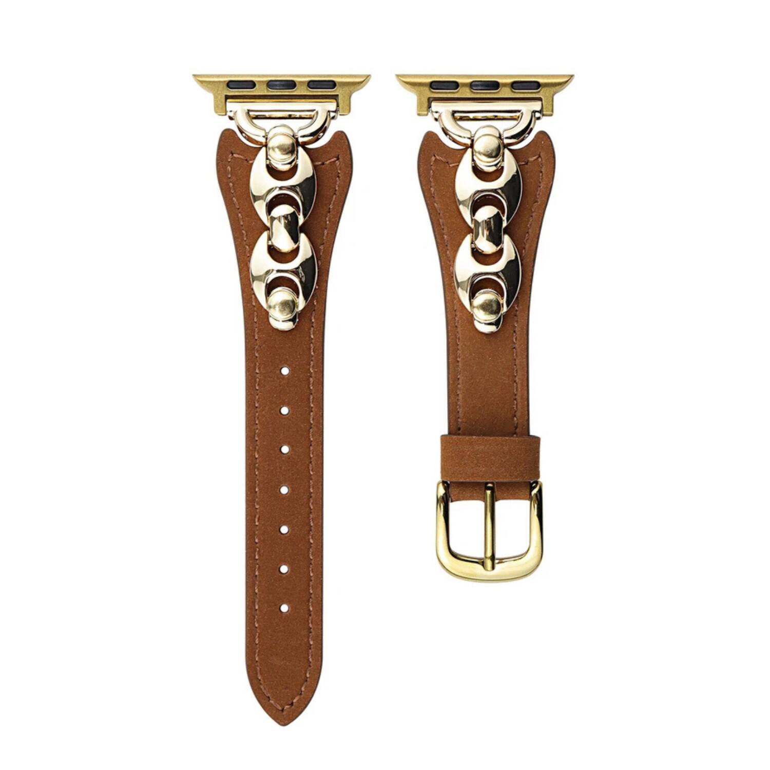 Stock Preferred - Metal Soft Leather Strap for Apple Watch Series 10 (42mm) - Brown-Gold Clasp
