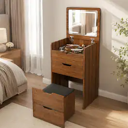 RYHNUYNE - 3-in-1 Vanity Desk with Lighted Flip Top Mirror and Stool, Finish, 18.9 in Wide, Compact Storage - Walnut