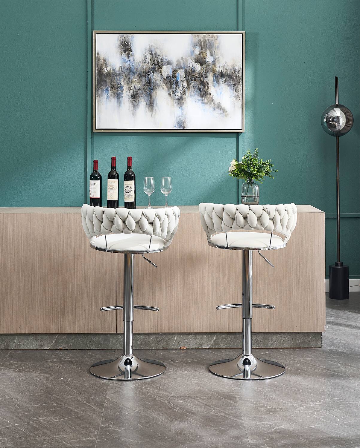 Left. APRILSOUL - Set of 2 Bar Stools Chrome Footrest Base Swivel Height Adjustable Velvet Chrome Leg CREAM - White.