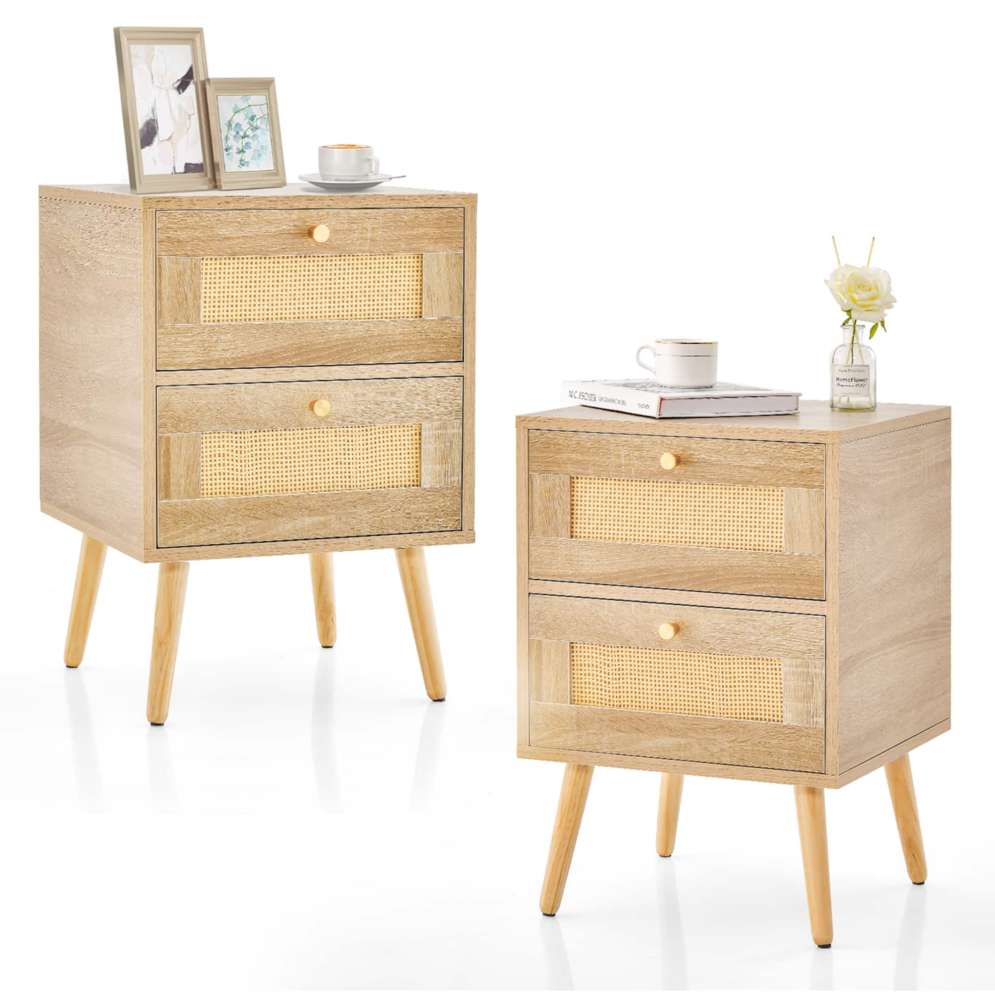 Costway - 2 PCS Rattan Nightstand Boho Accent Bedside Table with 2 Storage Drawers - Natural price history on PriceWatchPro