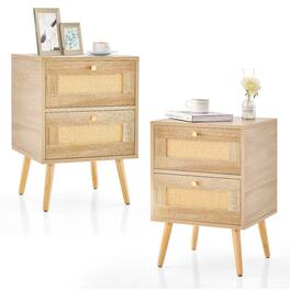 Costway - 2 PCS Rattan Nightstand Boho Accent Bedside Table with 2 Storage Drawers - Natural