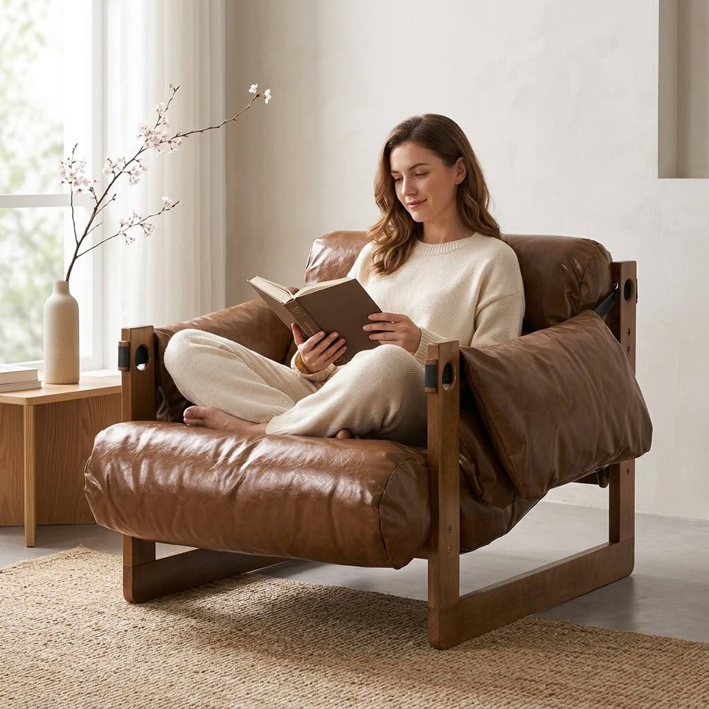 Back. E.P. Light - Vintage Solid Wood Leisure Chair - Brown.