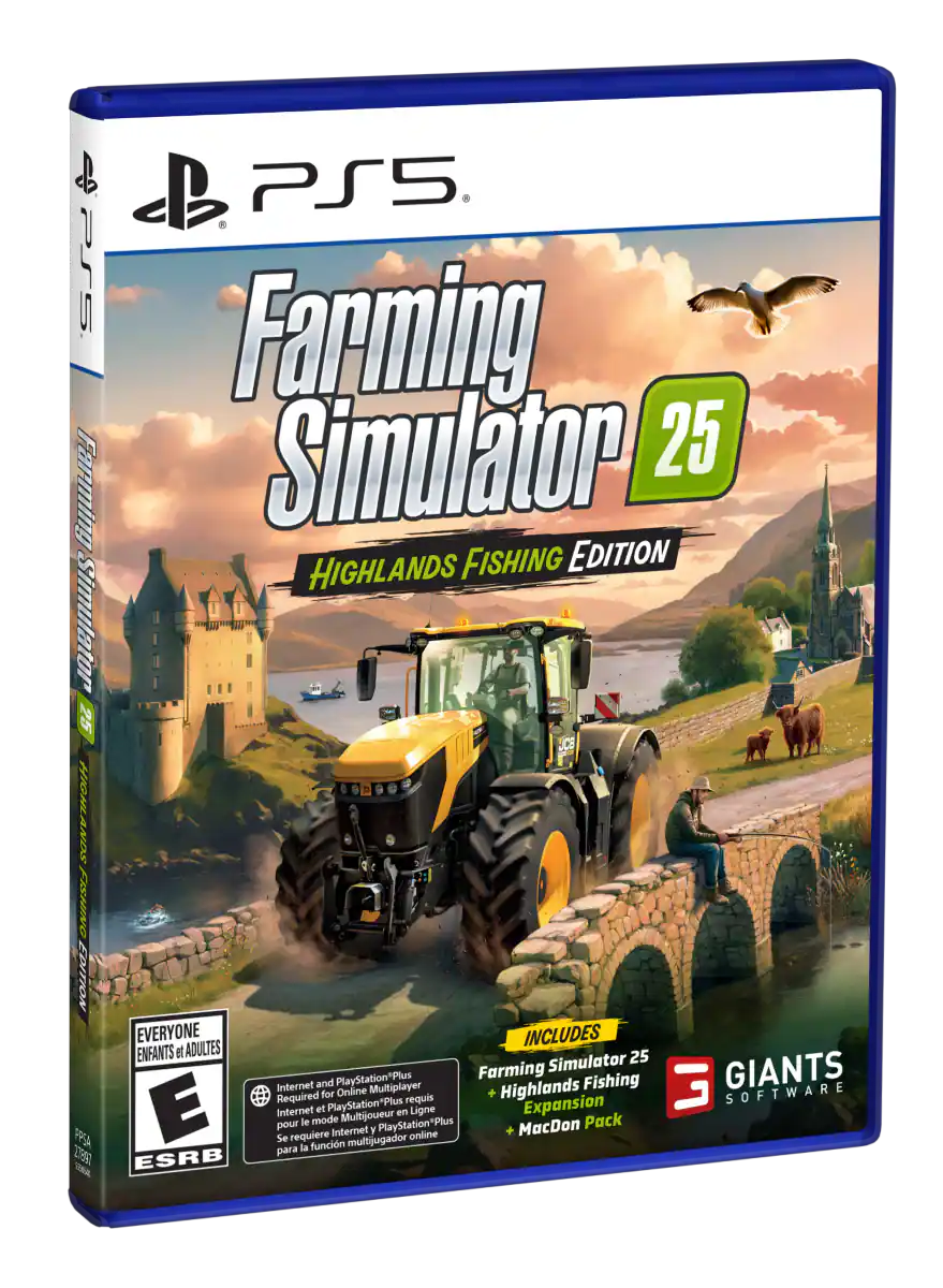 PS5, Farming Simulator 25 Highlands Fishing Edition, Includes Farming Simulator 25 Highlands Fishing Edition, Everyone, Internet and PlayStation*Plus Multiplayer, Expansion, MacDon Pack, Giants Software, ESRB - E (Everyone)