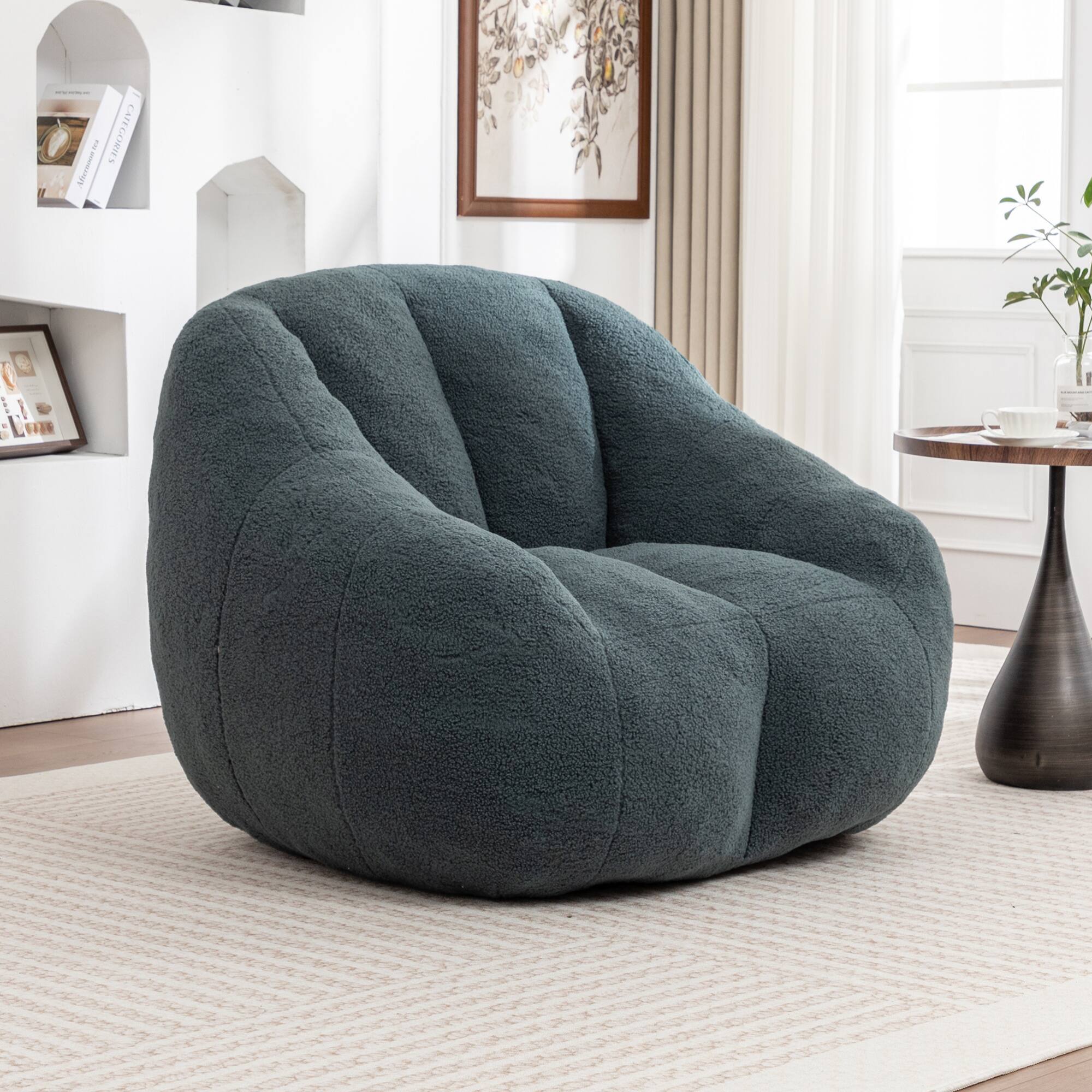 Angle. GOODSILO - Large Faux Fur Bean Bag Chair with Memory Foam Filling for Ultimate Comfort and Support - Green.
