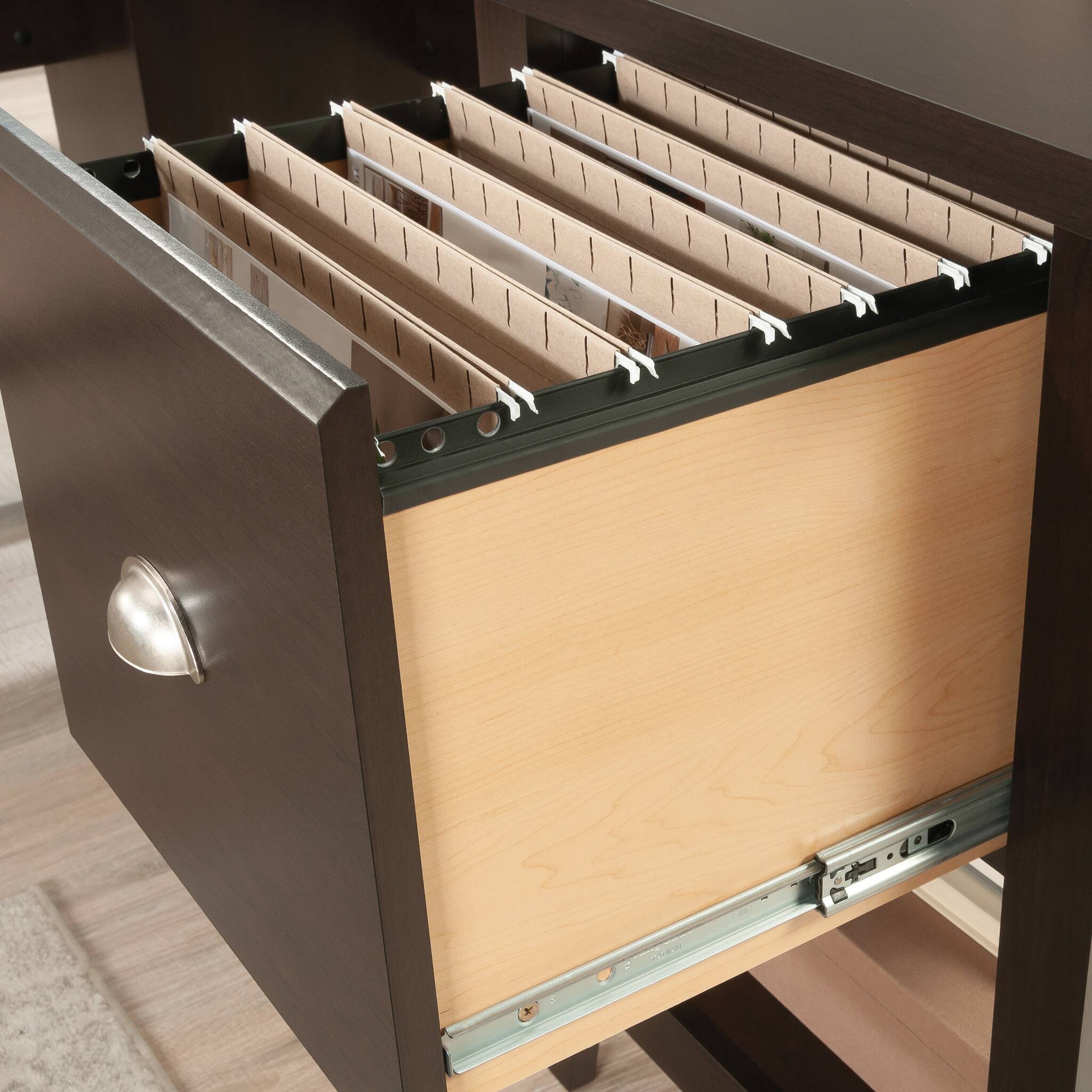 Alt View 4. Spaco - 58x66" L-Shaped Computer Desk, 1in Thick, File Drawer and Shelf, Dual Grommets - Brown.