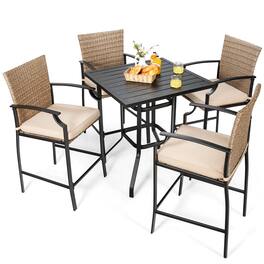 Costway - 5PCS Outdoor Bistro Set Rattan Bar Stool Table Set with Cushions Steel Frame - Brown, Beige, Black