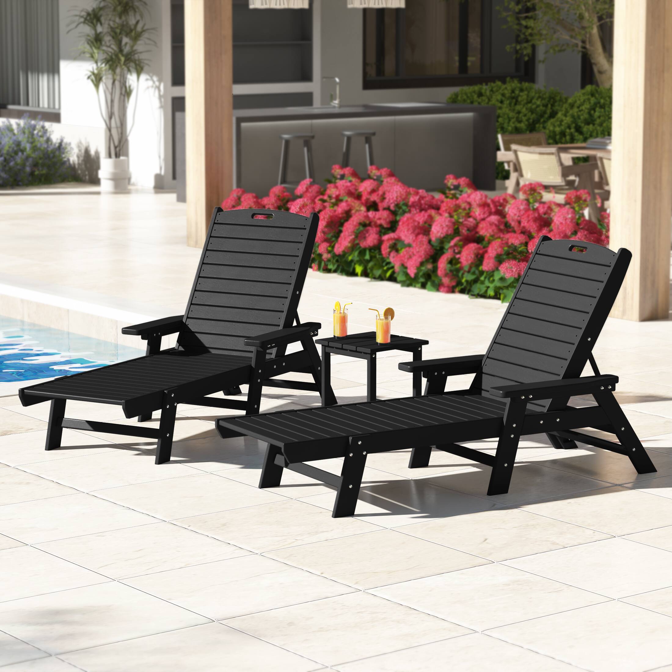 Angle. WestinTrends - WestinTrends Malibu 3 piece Set Poly Adirondack Outdoor Chaise Lounges with Side Table - Black.