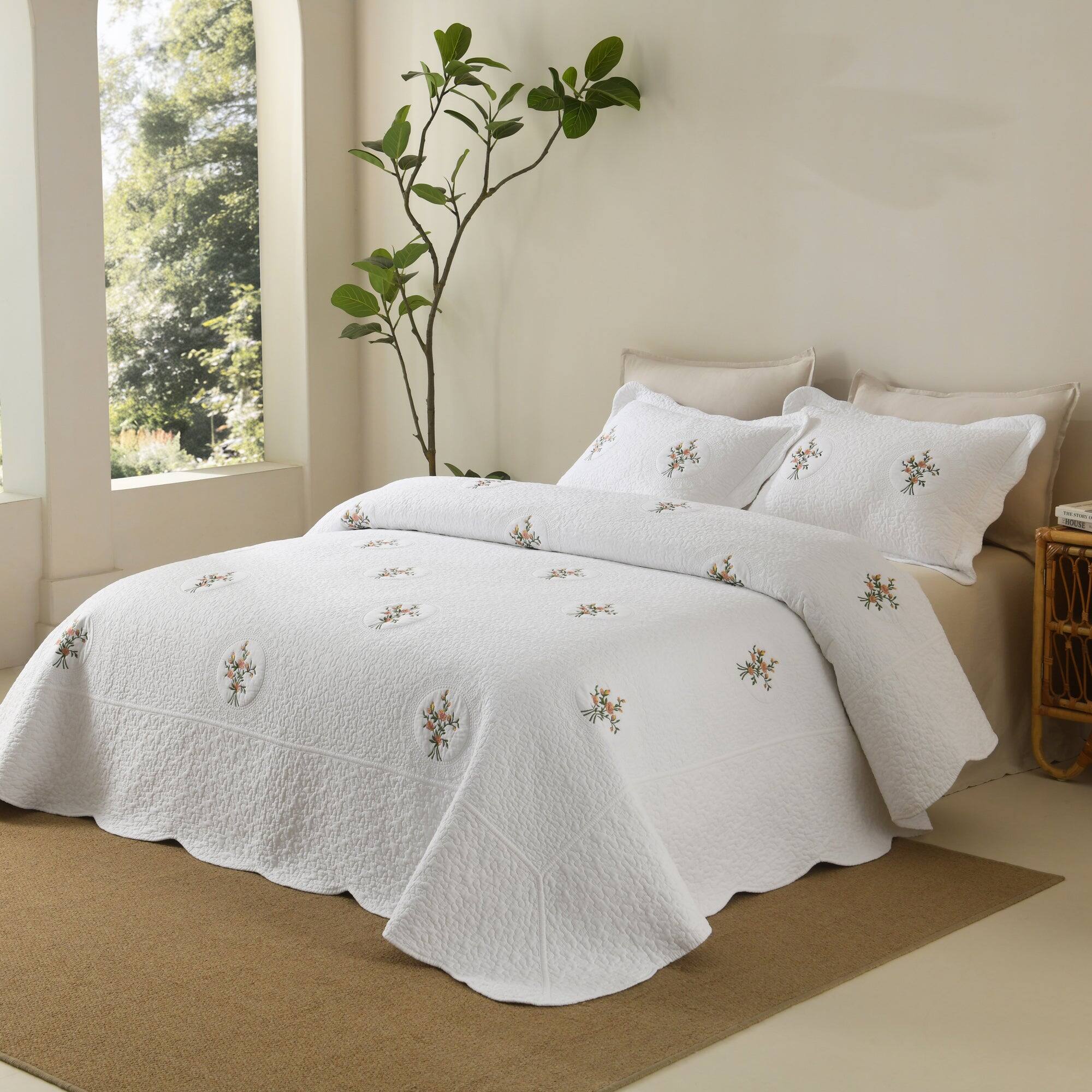 Left. MarCielo - MarCielo 3 Piece 100% Cotton Cover Rose Embroidered Vintage Cottage Quilt Bedspread Set - White.