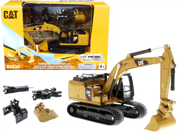 CAT CAT E CAT - . 85636 I :64 CAT 320F L HYDRAULIC EXCAVATOR WITH CLEAN UP BUCKET, HYDRAULIC HAMMER, DEMOLITION GRAPPLE, PULVERIZER AND GENERAL DUTY BUCKET 1:64 METAL CONSTRUCTION METAL WARNING: CHOKING HAZARD - Small parts. Not for children under 3 years.