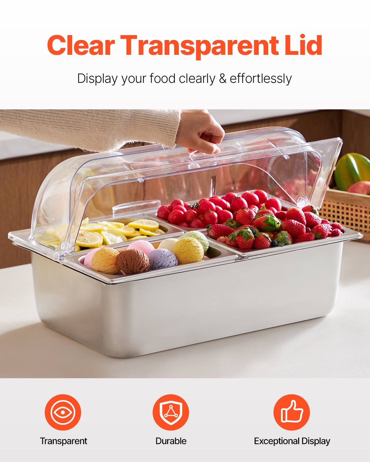 Clear Transparent Lid  
Display your food clearly & effortlessly  

Transparent  
Durable  
Exceptional Display