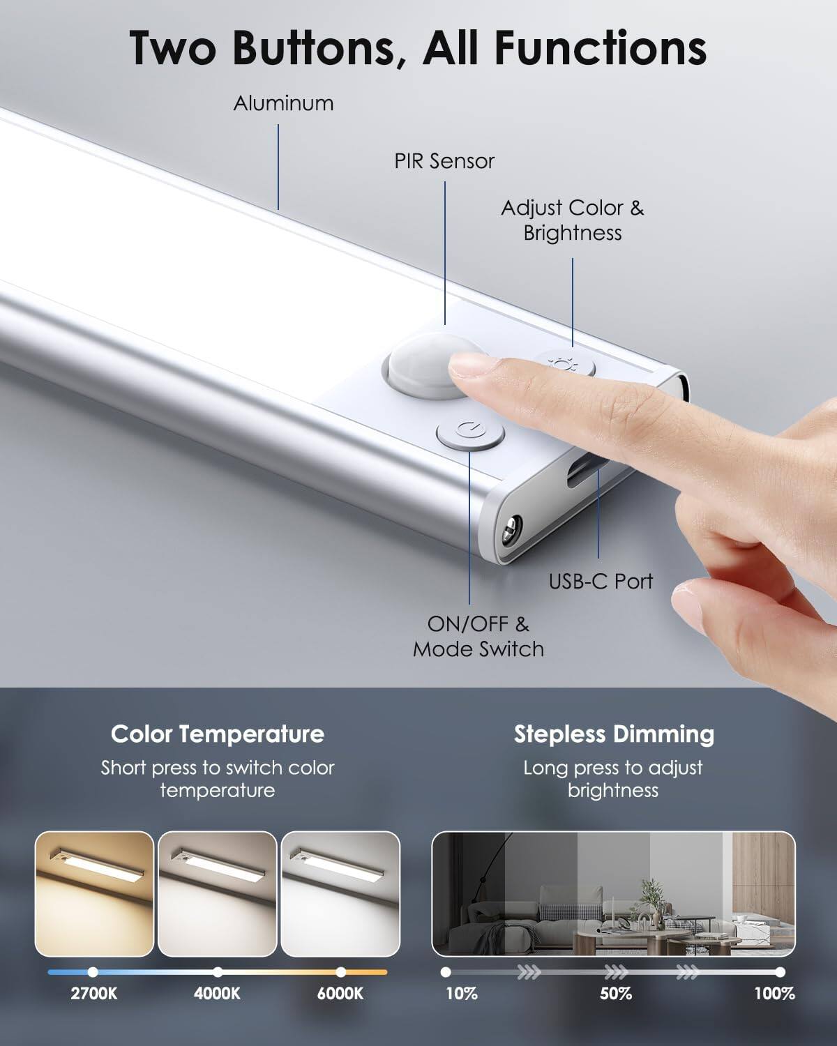 Two Buttons, All Functions

- Aluminum
- PIR Sensor
- Adjust Color & Brightness
- USB-C Port
- ON/OFF & Mode Switch

Color Temperature
- Short press to switch color temperature
  - 2700K
  - 4000K
  - 6000K

Stepless Dimming
- Long press to adjust brightness
  - 10%
  - 50%
  - 100%