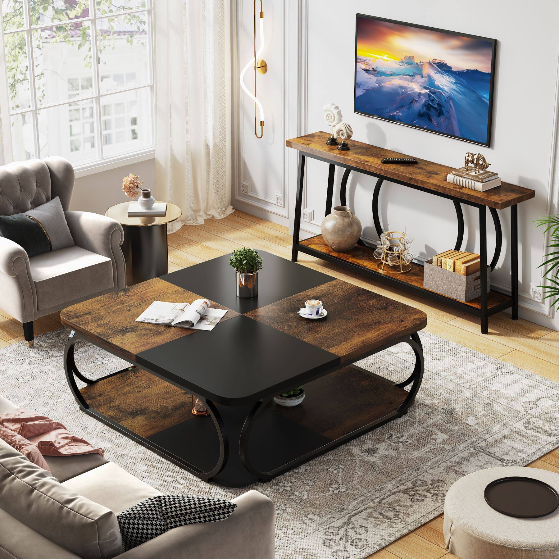 Alt View 1. Tribesigns - Coffee Table with Storage Shelves and Easy-Clean Surface for Books, Drinks and Everyday Essentials - Brown.